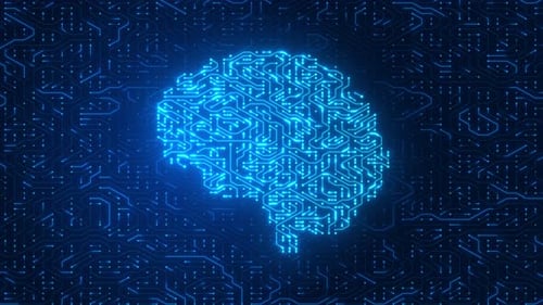 Glühendes blaues Leiterplattengehirn — Animationshintergrund für neuronale Netzwerke und digitale Technologie