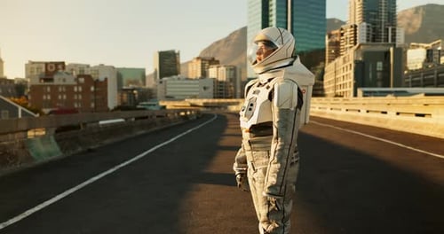 Space, travel and astronaut in city with street, future dystopia and planet for discovery