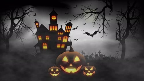 Spooky Halloween Haunted House with Flying Bats and Jack-o'-Lanterns Animation