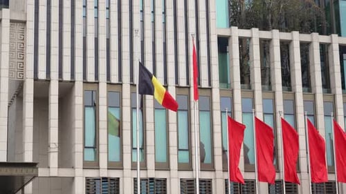 Drapeaux rouges belges, vietnamiens et ordinaires flottant devant le bâtiment de l'Assemblée nationale du Vietnam. s