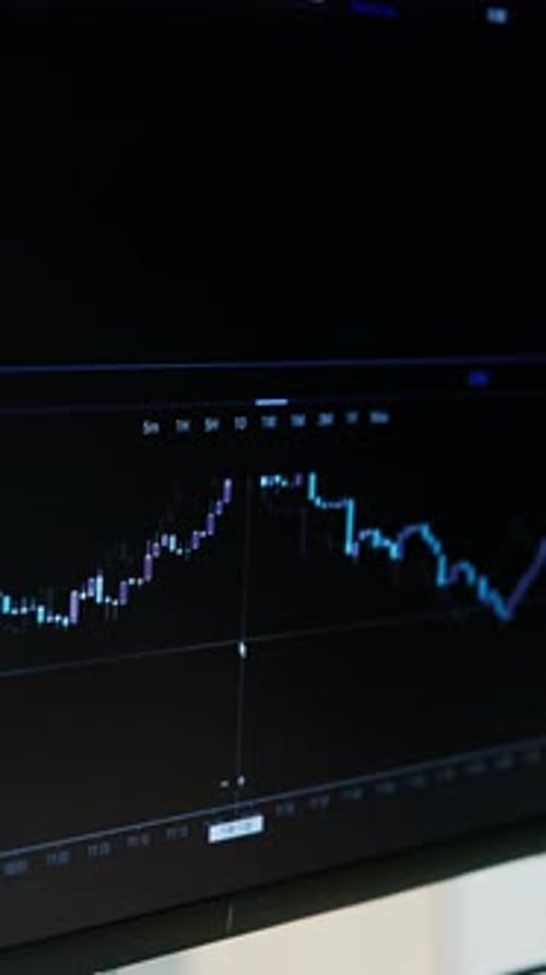 Hands, trading and computer screen with stats in office with point, review graphs and stock market