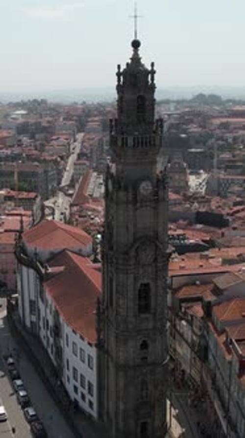 Beautiful architecture of Porto with red roofed, old buildings and flying birds, Portugal