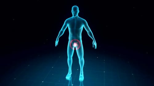 Glowing blue human body with highlighted pain points