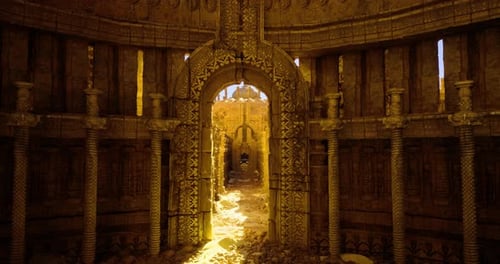 Exploring an Ancient Temple with Intricate Architecture and Radiant Light
