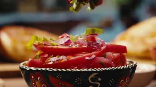 Summer Vegan Tomato Salad with Parsley Red Onion Garlic Pepper and Olive Oil Dressing White Table