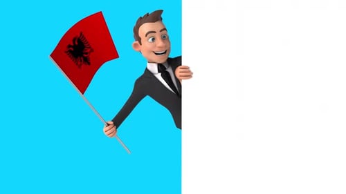 Fun 3D cartoon business man with a flag from Albania and alpha channel included