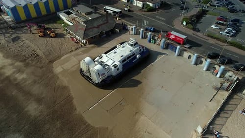 Hovercraft At The Terminal In Southsea, Portsmouth, UK. aerial orbit