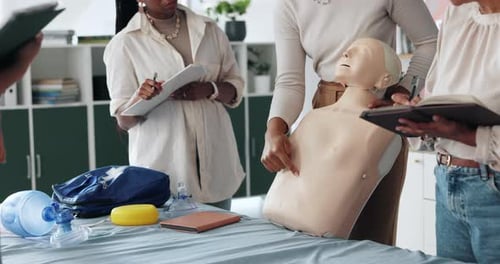People, hands or mannequin for first aid lesson for rescue safety, demonstration class or education