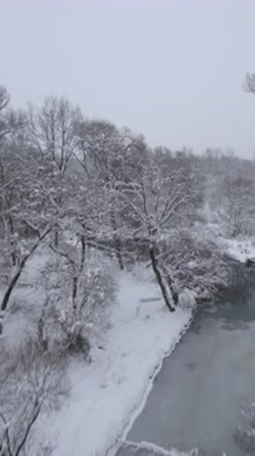 Aerial View of Icy Frozen River in a Cold Winter Forest