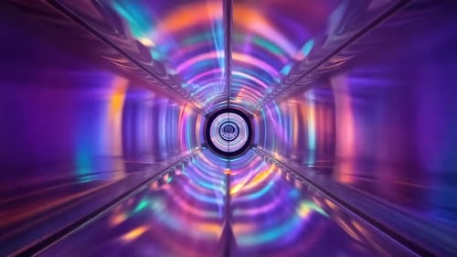 Animation vibrante de survol d'un tunnel métallique irisé