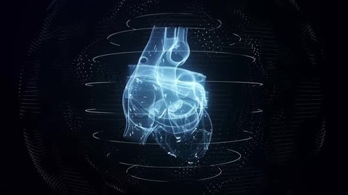 Glowing blue heart with futuristic lines and dots on black background