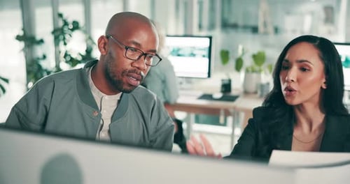 Office, conversation and people with computer at desk for information technology