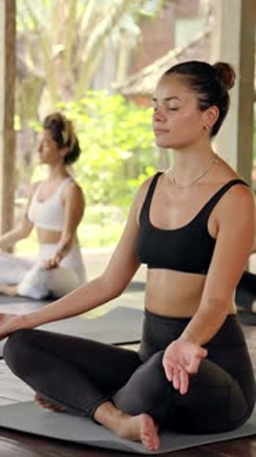 Yoga and Meditation of Fitness Women Exercising in Workout Class for Wellness