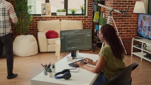 Woman Coding at Home Office, Man Using Laptop