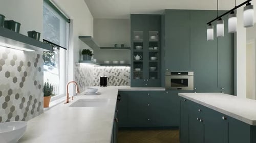 Modern kitchen interior with green cabinets