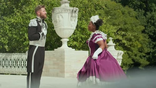 Aristocratic Woman Greeting Gentleman with Curtsy and Going for Walk with Him