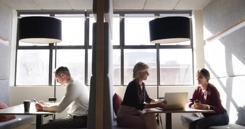 Entrepreneur, talking and meeting in coworking office for coffee, technology