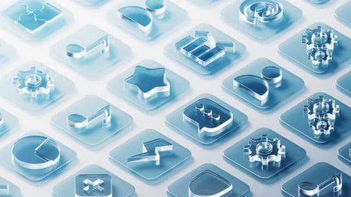 Animated Grid of 3D Frosted Glass App Icons