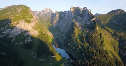 Aerial View of Famous Swiss Mountains at Sunrise in Appenzell, Switzerland