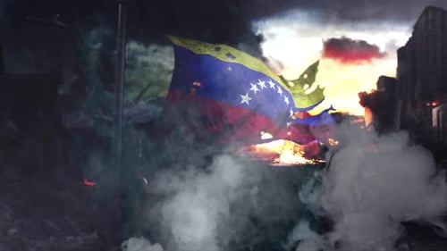 Destroyed Venezuelan Flag Waving in a Gritty Post-Apocalyptic City