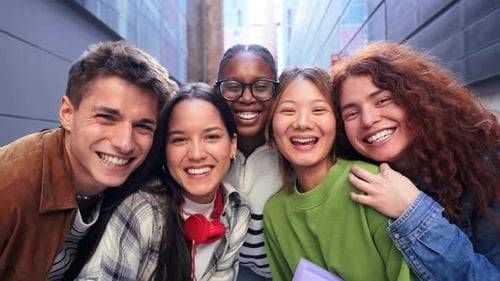 Close Up Portrait of a Group of Friends Having Fun and Smiling Together High School Students Looking