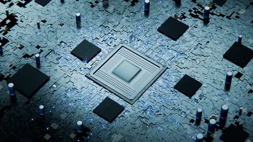 Placa Electrónica. Animación de la instalación de un procesador de Gráficos en un circuito Electrónico. salvapantallas