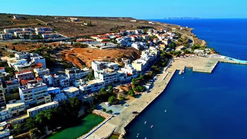 Flying Above Siteia Port Town And Municipality In Lasithi, Crete, Greece. Aerial Drone Shot