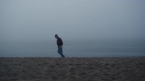 Back View Dreamy Guy Looking Sea View in Foggy Morning. Upset Man