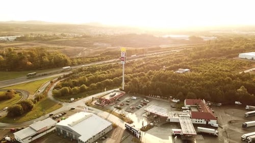 Aerial view of a highway service station and rest area, Germany.