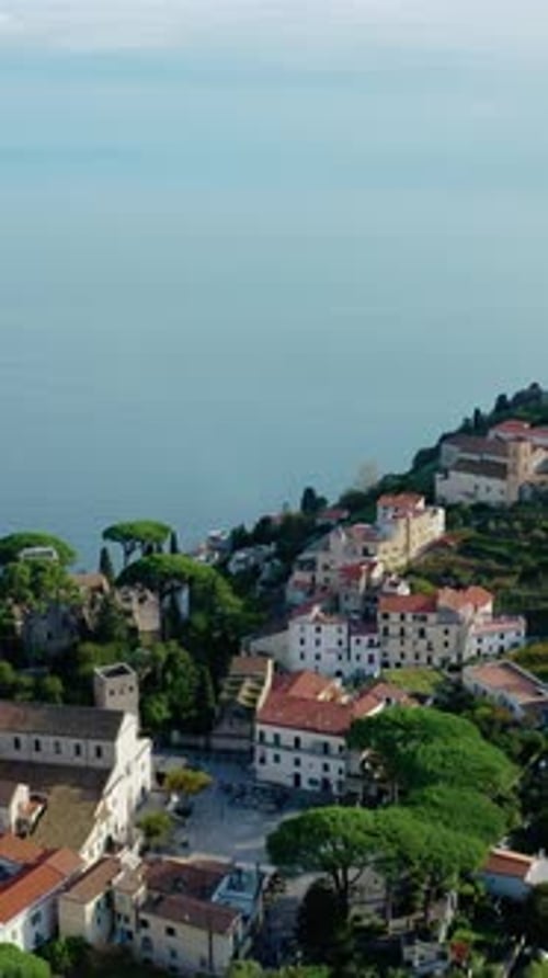 Vertical Aerial Drone View of Ravello Town Perched High Above the Mediterranean Sea in Amalfi