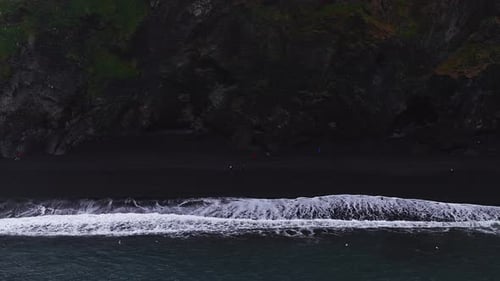 Aerial View of Reynisfjara Black Beach and Basalt Cliffs in Vik