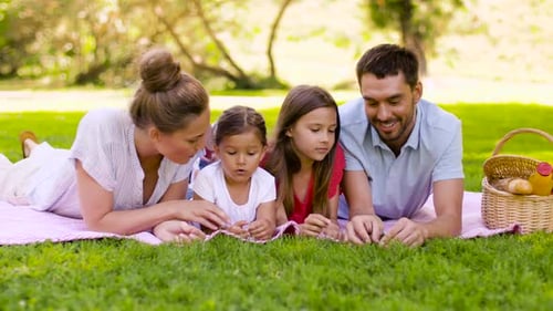 Family Lying on Blanket Having Picnic in Park