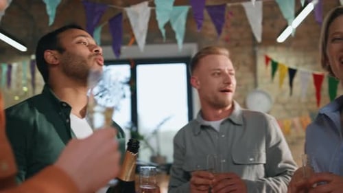 Cheerful Friends Talking Birthday Party Standing Festive Interior Close Up