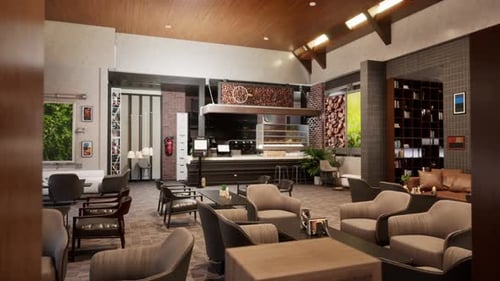 Warm and Modern Cafe Interior with Cozy Armchairs, Green Wall Panel