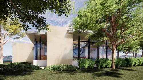 Modern house with large windows and trees
