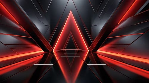 Futuristic, dark, red, and black interior design. A triangular pathway with glowing red lines