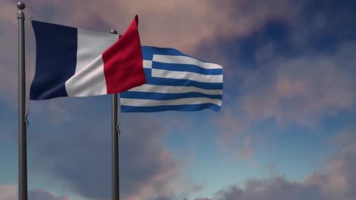 Realistic Flags of France and Greece Waving in Wind