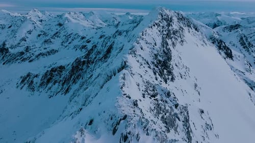 Cold Winter Aerial Landscape Drone Flies Along Mountain Ridge Aerial Scenery
