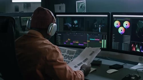 Adult Editing Video at Dual Monitor Computer Workstation