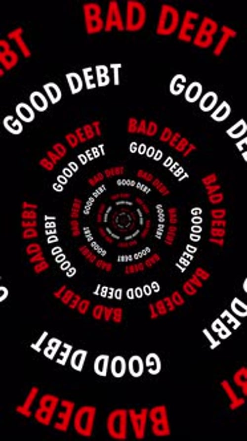 Vertical Infinite tunnel of Bad Debt and Good Debt words looping on a black background