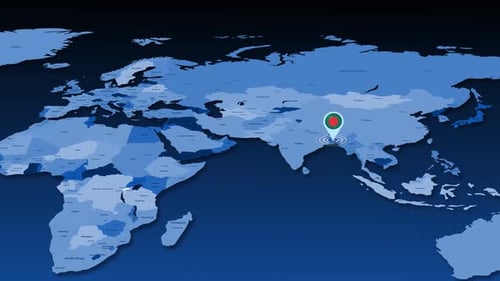 World Map Location Pin with Bangladesh Flag Animation