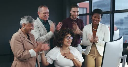 Business people, winner and clapping on computer for financial bonus, sales success