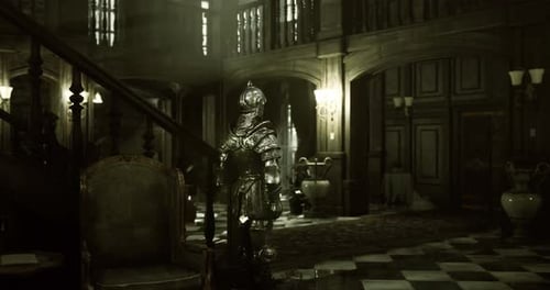 Old Mansion Interior with Knight Statue and Elegant Decor