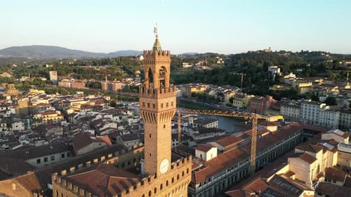 Florence City Skyline Aerial View at Sunset Palazzo Vecchio Tuscany Italy