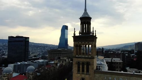 Aerial View of City Skyline at Sunrise
