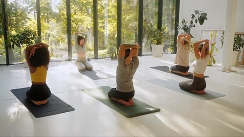 Yoga Class Stretching in a Sunlit Studio