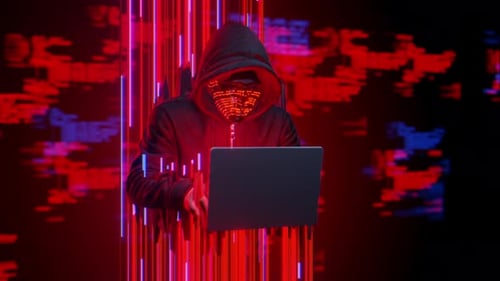 Futuristic Hacker Typing With Glowing Neon Code On Laptop