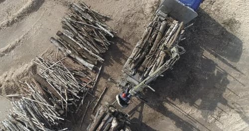 Woodworking Aerial View Recycling of Tree Trunks Into Splinters Unloading Logs From a Truck Wood