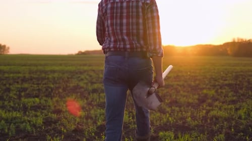 Farmer Man with Rubber Boots Shovel Wheat Field Sunset Spring Farming Agriculture Harvesting Food