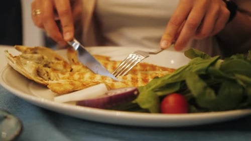 Woman Cutting Grilled Fish Dish with Salad